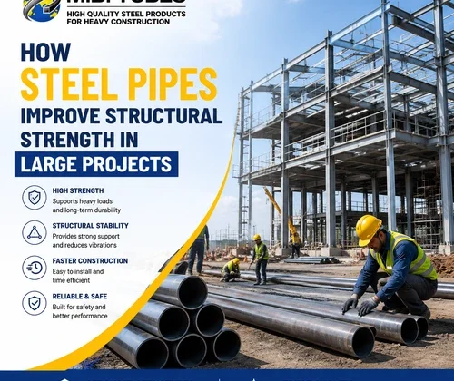 Industrial construction site showing steel pipes used for structural support in large projects and heavy construction applications.