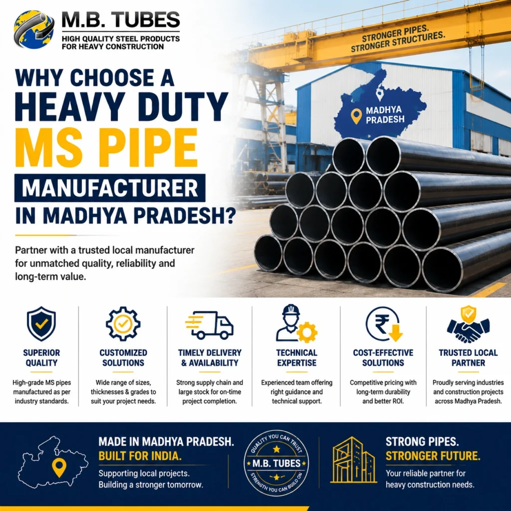 Heavy duty MS pipes at a manufacturing facility highlighting the benefits of choosing a trusted Heavy Duty MS Pipe Manufacturer in Madhya Pradesh.