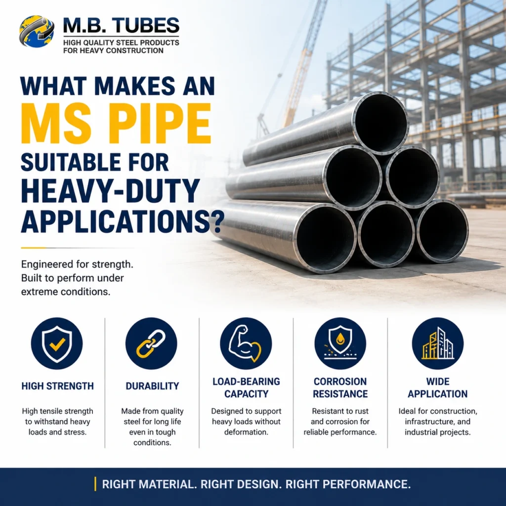 Heavy-duty MS pipes at a construction site highlighting strength, durability, load-bearing capacity, corrosion resistance, and industrial applications.