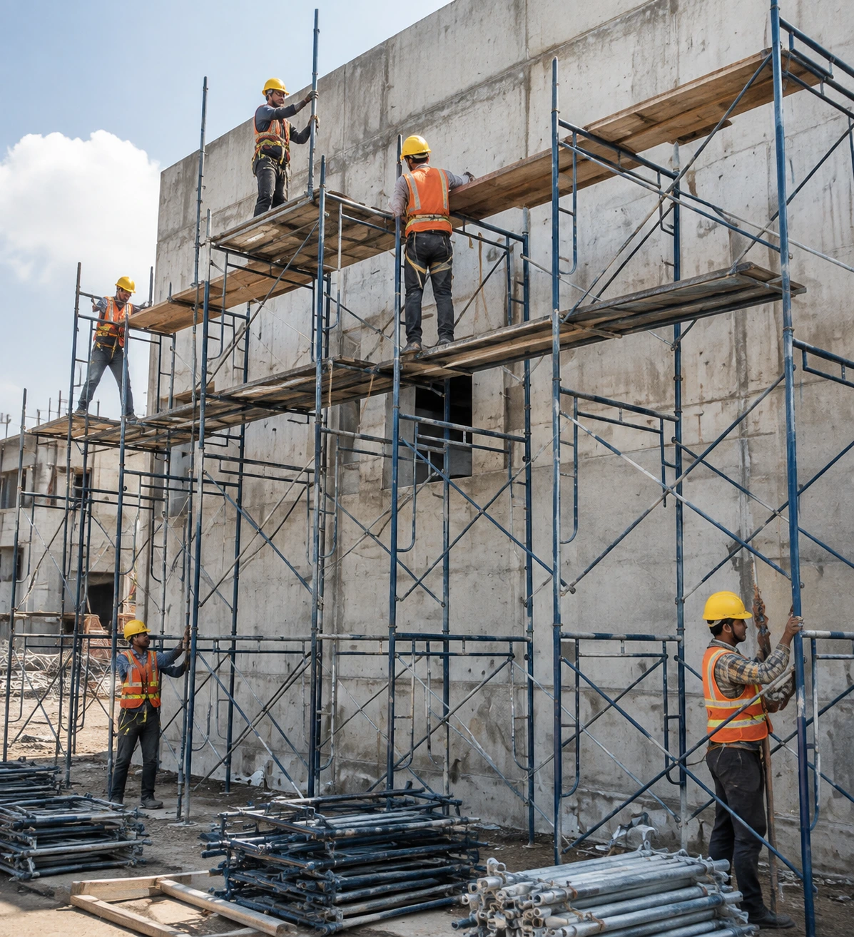 H Frame scaffolding system installed at a construction site with workers using steel scaffolding for building work in Sagar.