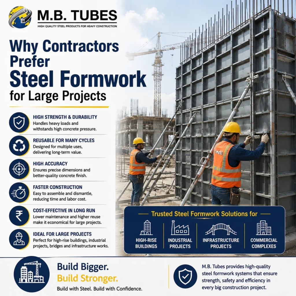 Steel formwork supports large construction projects with high strength, durability, repeated usability, dimensional accuracy, and efficient installation.