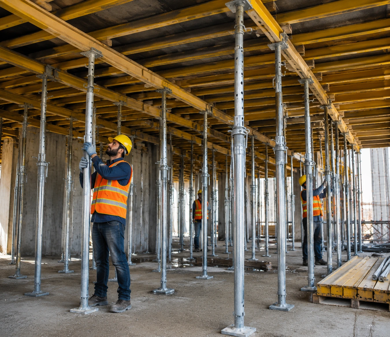 Telescopic spans and adjustable steel supports used by workers for slab formwork support at a construction site.
