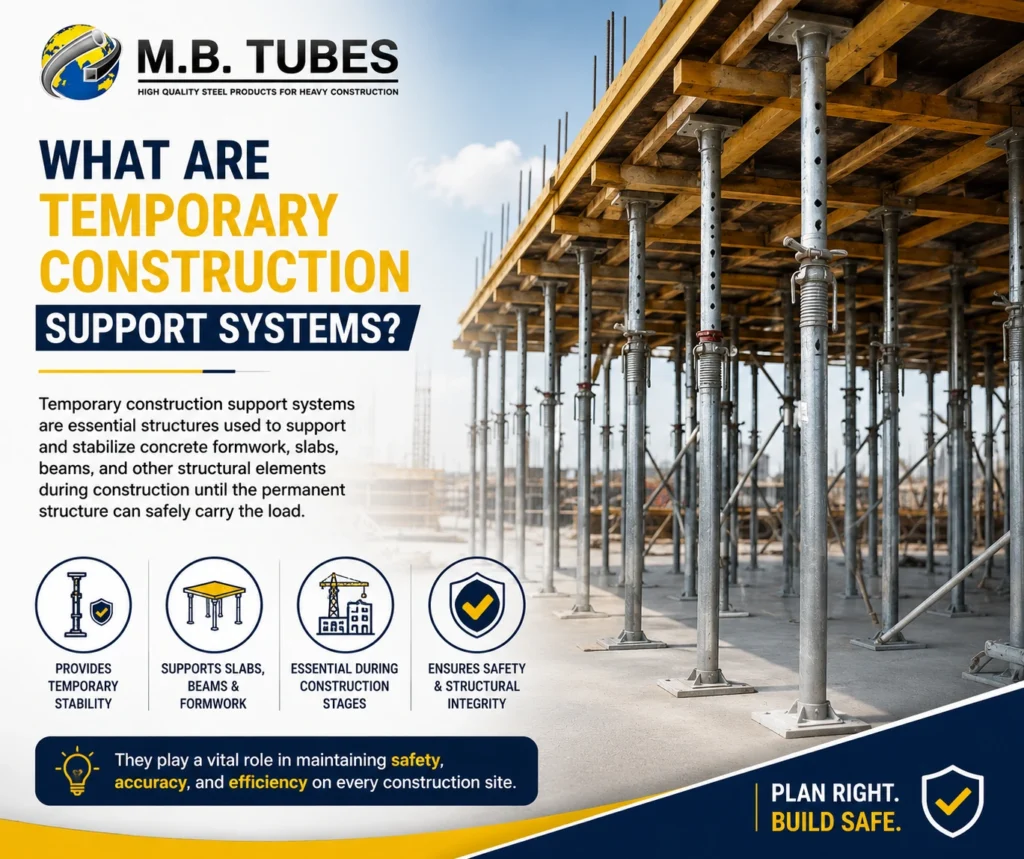 Temporary construction support systems used for supporting slabs, beams, and formwork during building construction by M.B. Tubes.