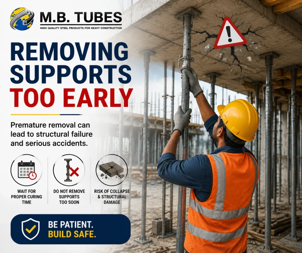 Removing temporary construction supports too early can cause structural damage and safety risks during concrete construction.
