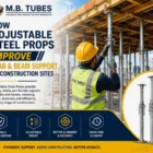 Adjustable steel props supporting slab and beam formwork on a construction site in Madhya Pradesh