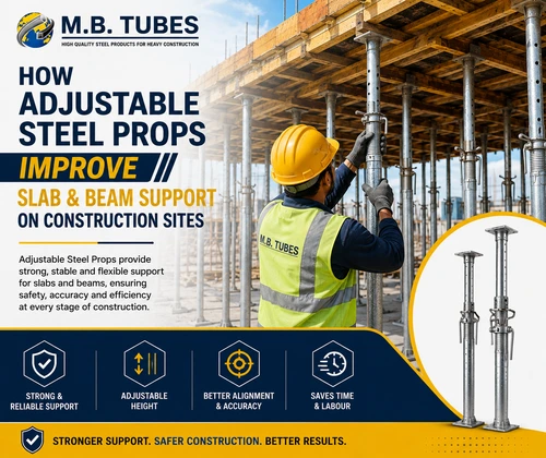 Adjustable steel props supporting slab and beam formwork on a construction site in Madhya Pradesh
