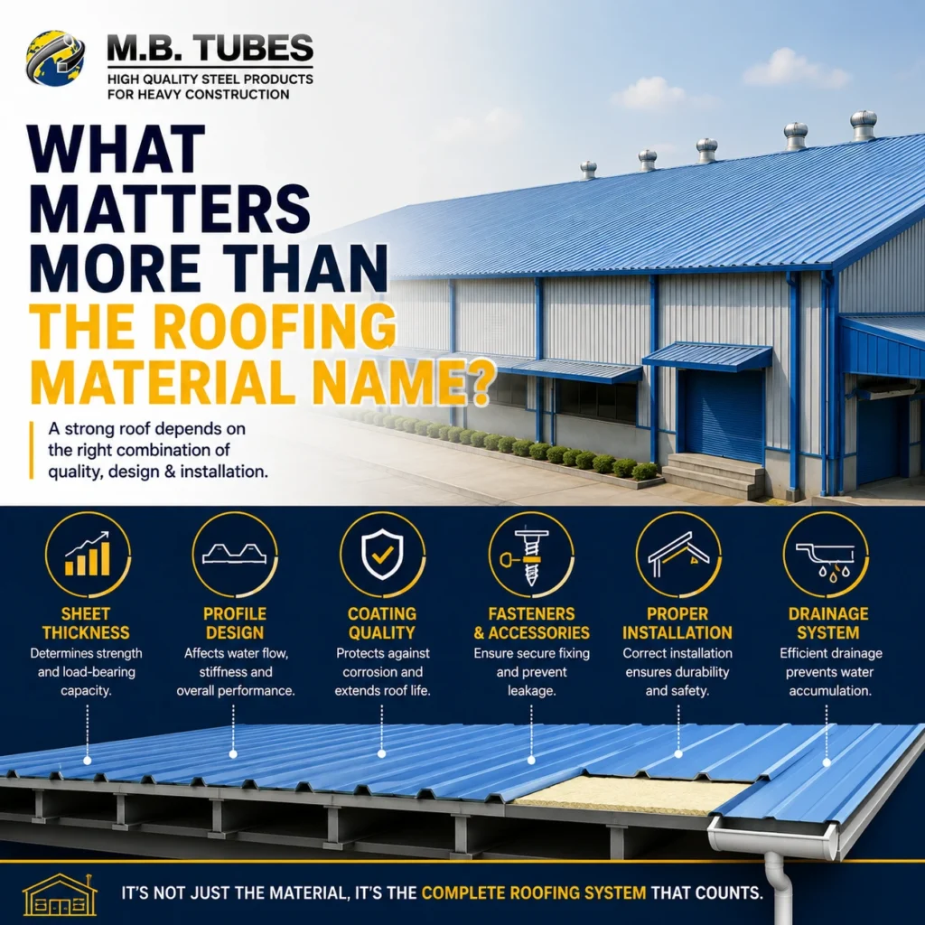 Complete roofing system showing sheet thickness, profile design, coating quality, installation, fasteners, and drainage factors for warehouse roofing solutions.