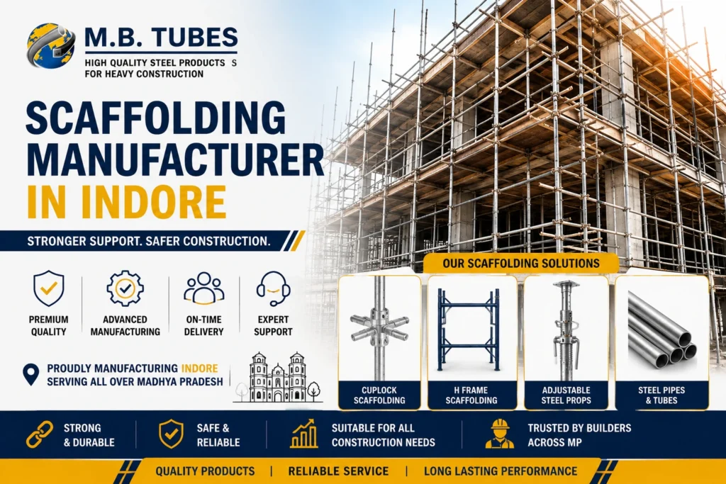 M.B. Tubes scaffolding manufacturer in Indore providing Cuplock scaffolding, H Frame scaffolding, adjustable steel props and steel pipes.