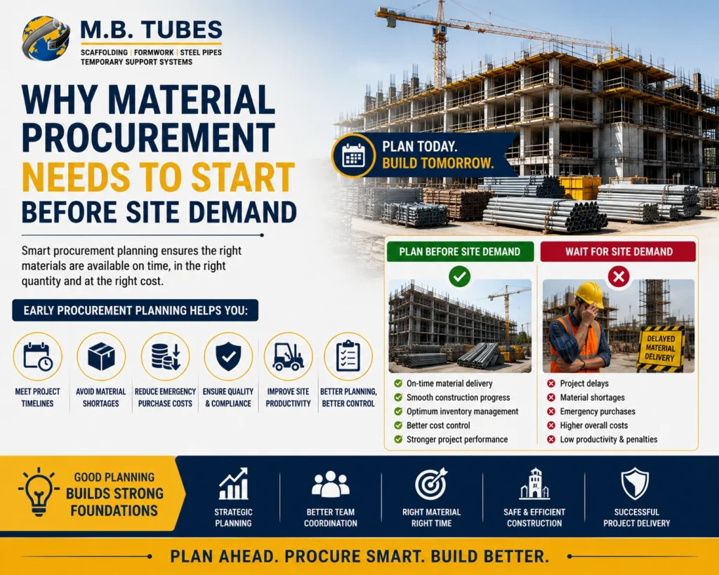 Early steel and scaffolding material procurement planning for construction projects by M.B. Tubes in Indore.