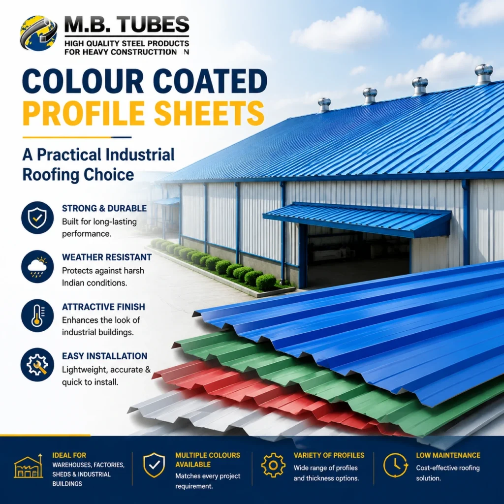 Colour coated profile sheets used for industrial warehouse roofing, offering durability, weather resistance, attractive finish, and easy installation.