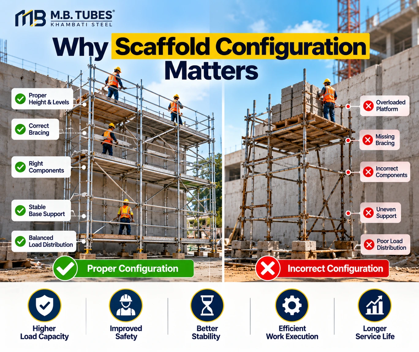 Proper scaffold configuration for load capacity and stability
