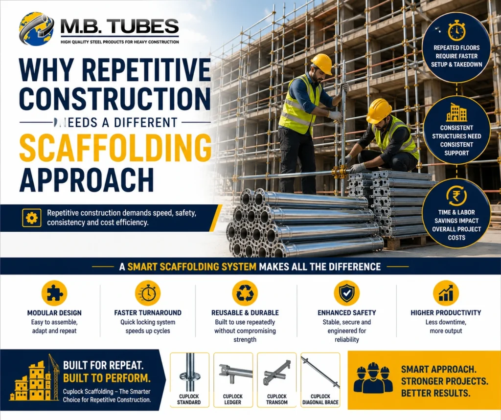 Workers using Cuplock scaffolding for repetitive construction projects by M.B. Tubes in Madhya Pradesh.