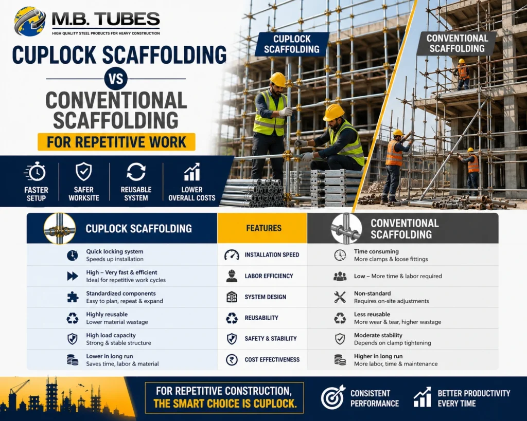 Cuplock scaffolding vs conventional scaffolding comparison for repetitive construction work by M.B. Tubes.