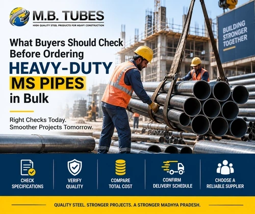 Workers handling bulk MS pipes from a Heavy Duty MS Pipe Manufacturer in Madhya Pradesh for a construction project