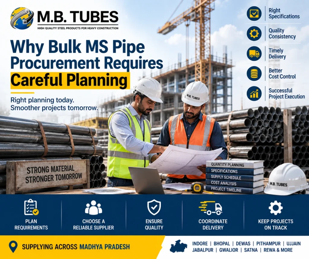 Engineers planning bulk MS pipe procurement for construction projects with heavy-duty MS pipes in Madhya Pradesh