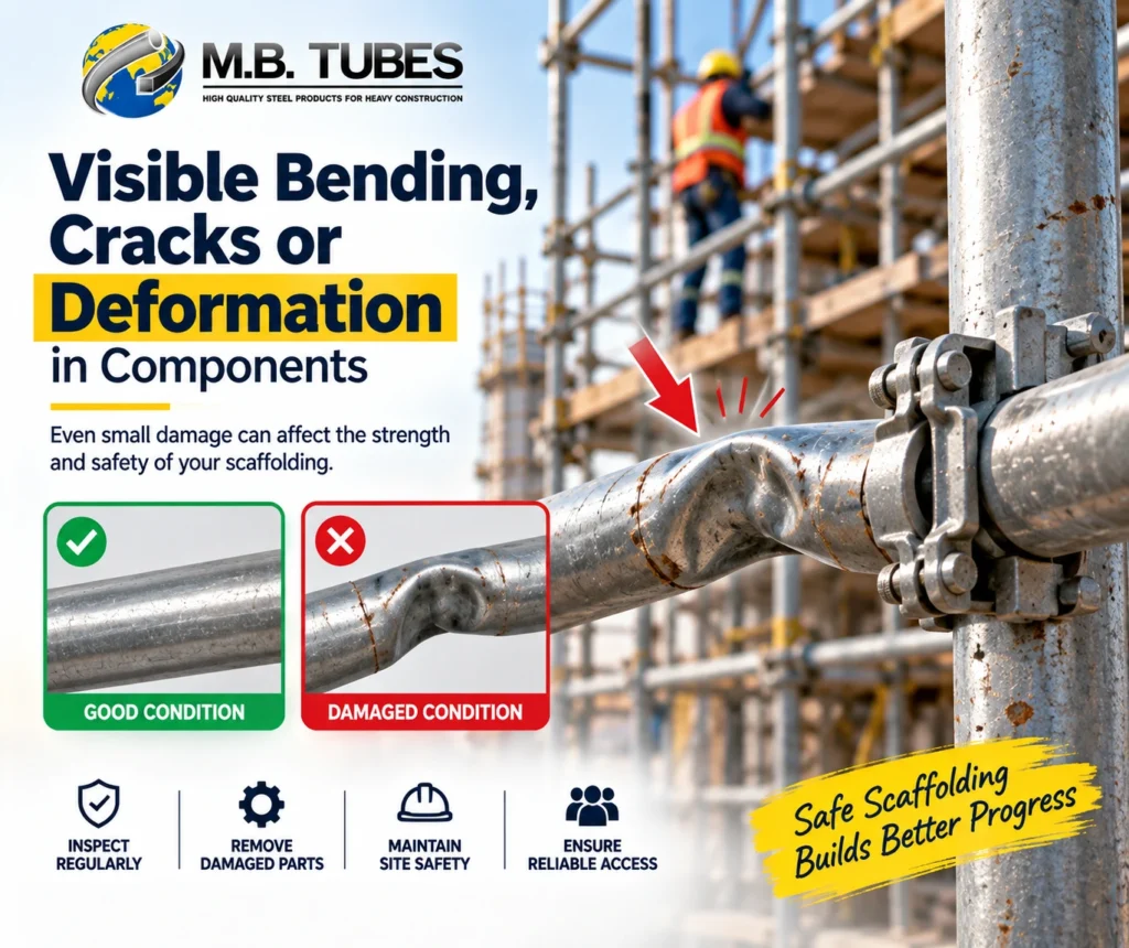 Visible bending and deformation in scaffolding components requiring inspection from a Construction Scaffolding Manufacturer in Madhya Pradesh