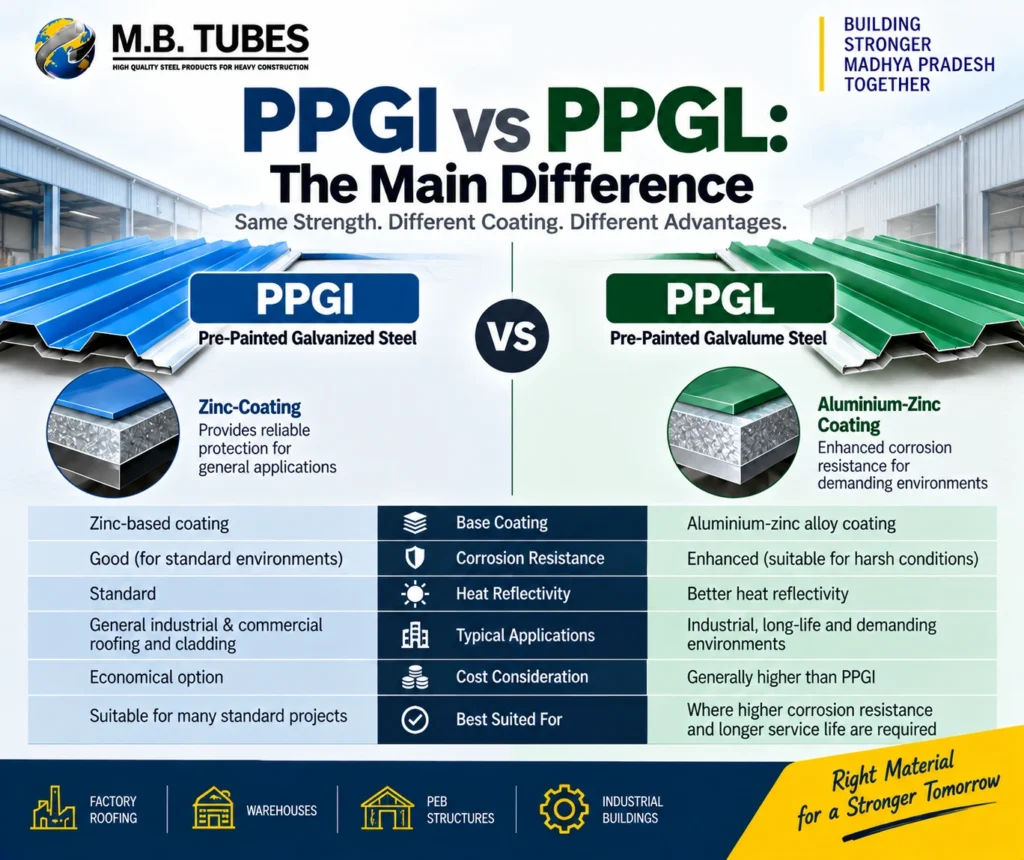 PPGI vs PPGL roofing sheet coating comparison for industrial roofing from a Factory Roofing Sheet Supplier in Madhya Pradesh
