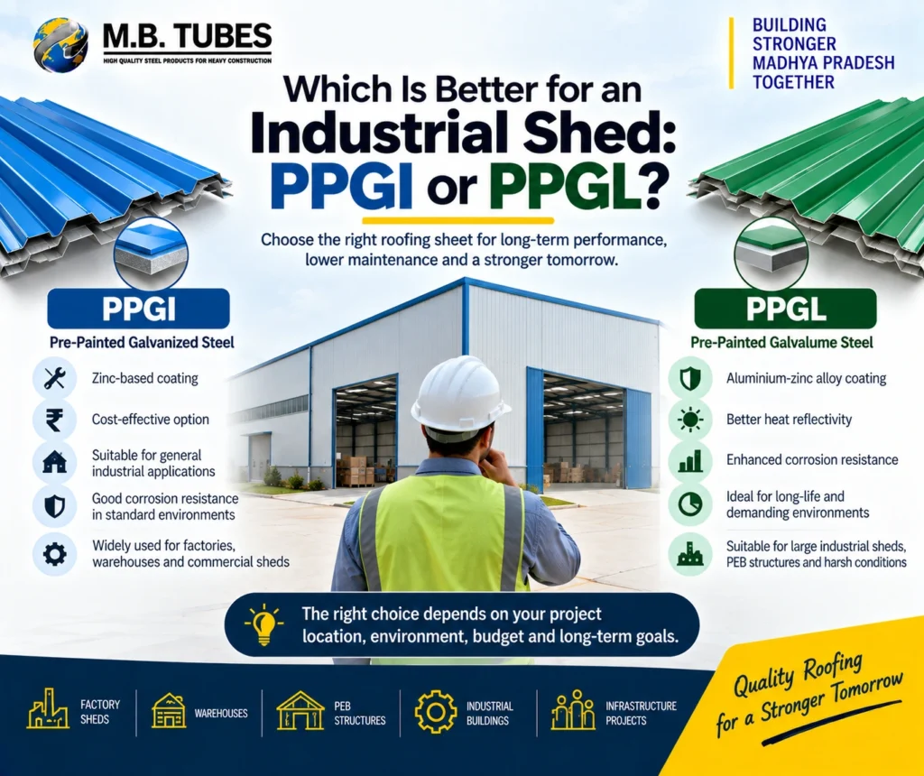 PPGI and PPGL roofing sheet comparison for industrial sheds from a Factory Roofing Sheet Supplier in Madhya Pradesh