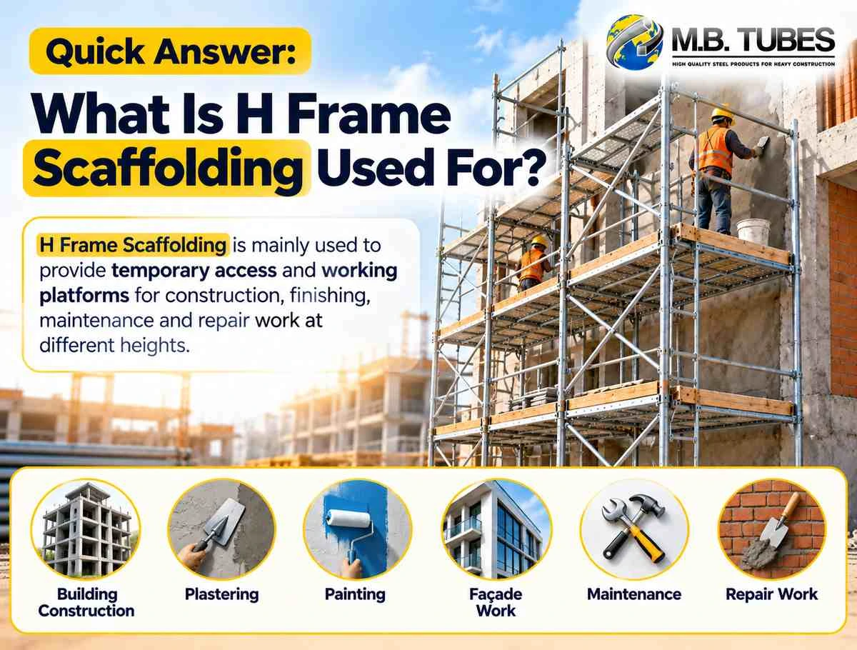 H Frame Scaffolding provides temporary access and working platforms for construction, plastering, painting, façade work, maintenance and repair.
