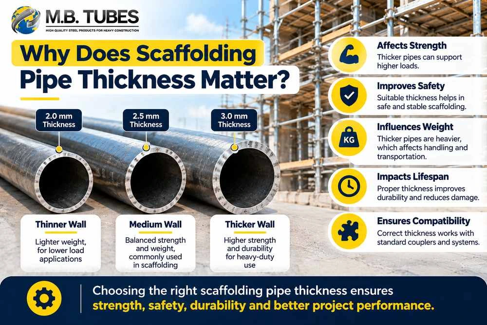 Scaffolding pipe thickness comparison showing 2.0 mm, 2.5 mm and 3.0 mm steel pipes