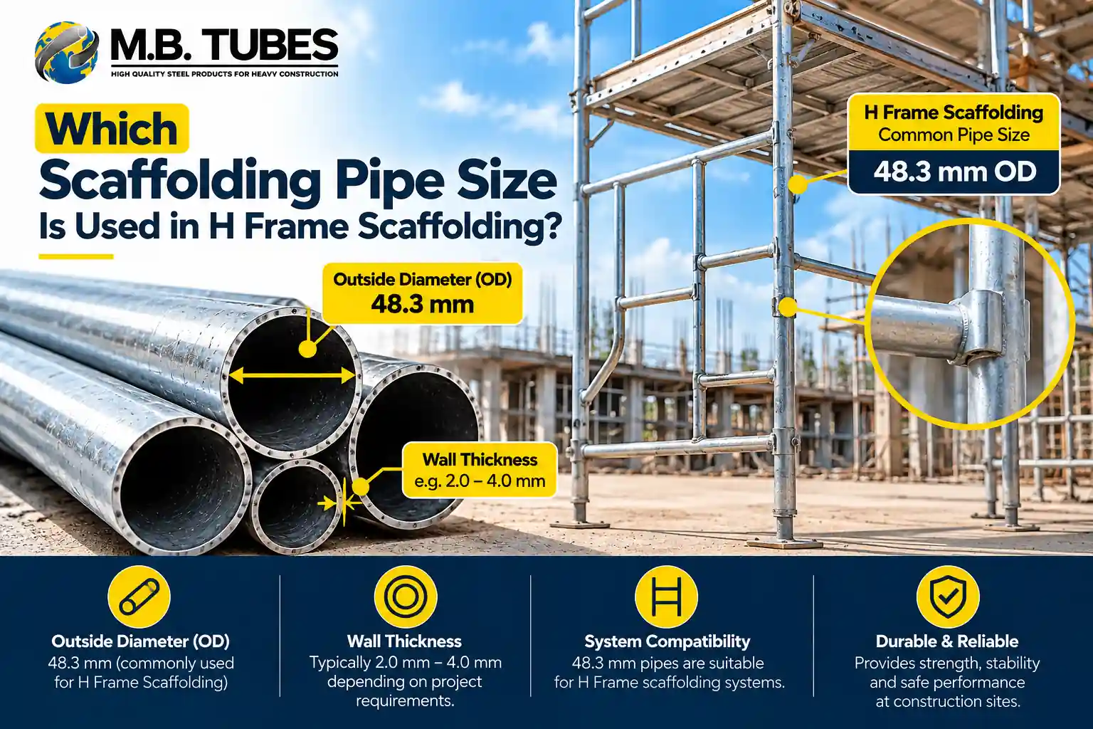 Scaffolding Pipe Size for H Frame Scaffolding showing 48.3 mm outside diameter and wall thickness