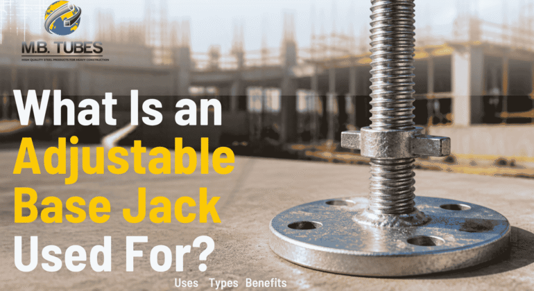 Heavy-duty steel adjustable base jack installed at the bottom of scaffolding system on a construction site.