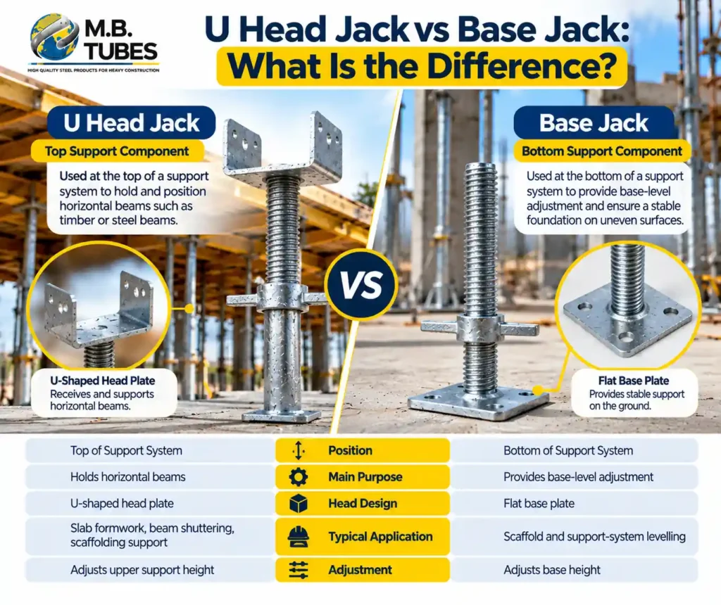 U Head Jack vs Base Jack comparison showing differences in scaffolding support and applications