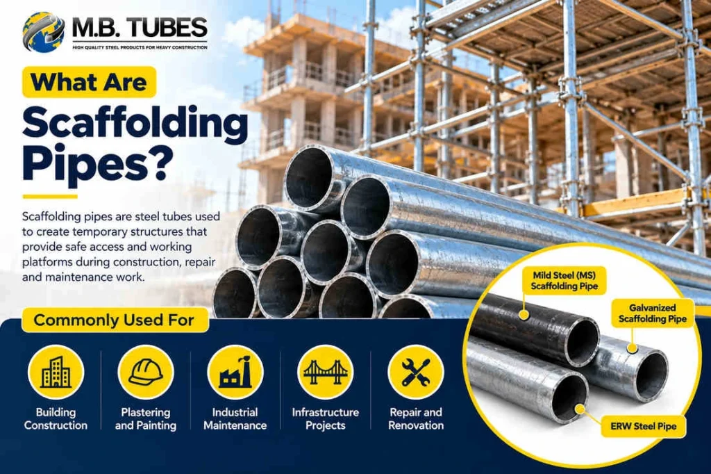Scaffolding pipes showing mild steel, galvanized and ERW steel tubes for construction