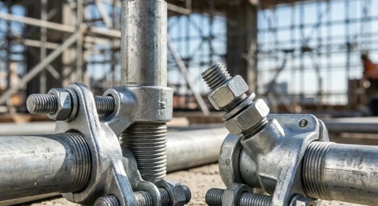 Drop-forged scaffolding couplers and clamps resting on concrete at a construction site