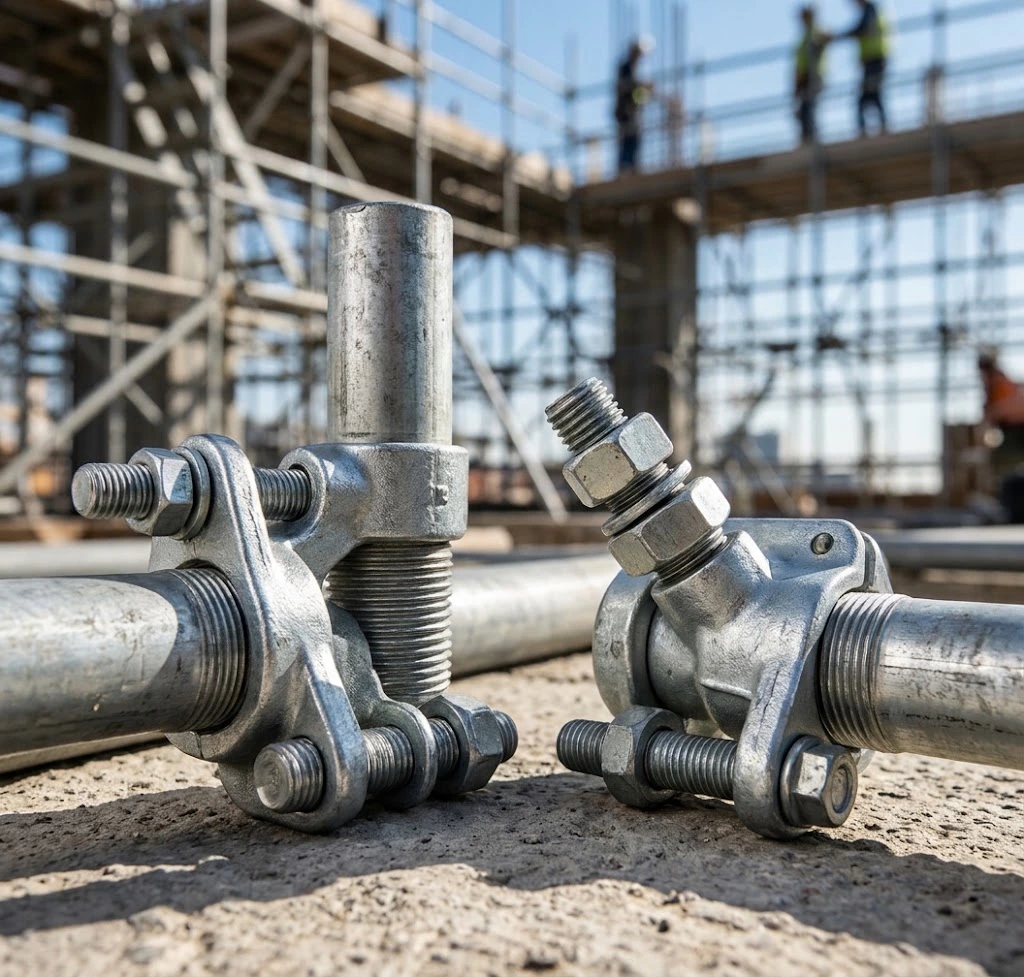 Drop-forged scaffolding couplers and clamps resting on concrete at a construction site