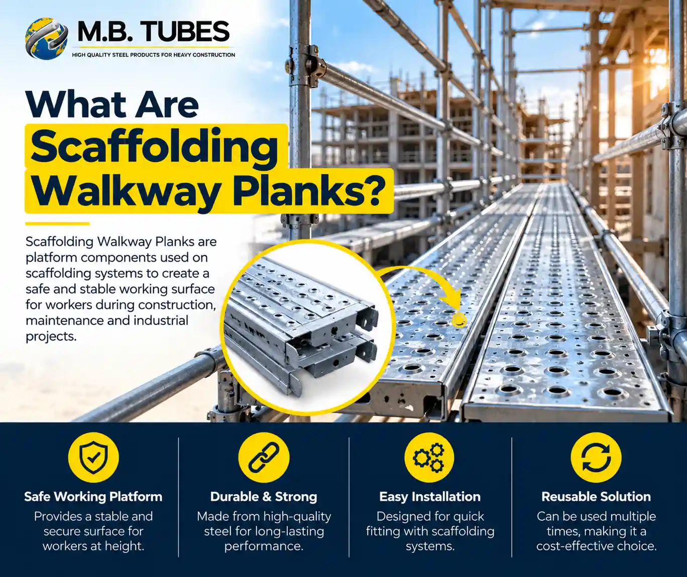 Scaffolding Walkway Planks installed on a steel scaffolding platform for construction and maintenance.