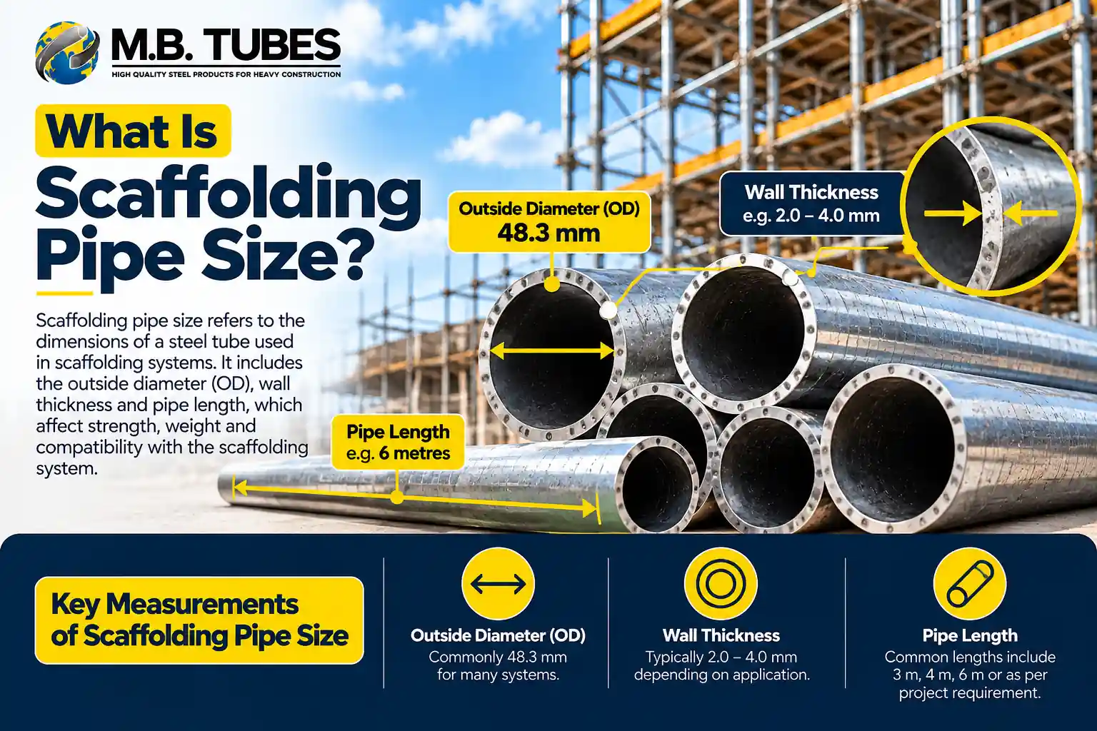 Scaffolding Pipe Size showing 48.3 mm outside diameter, wall thickness and pipe length